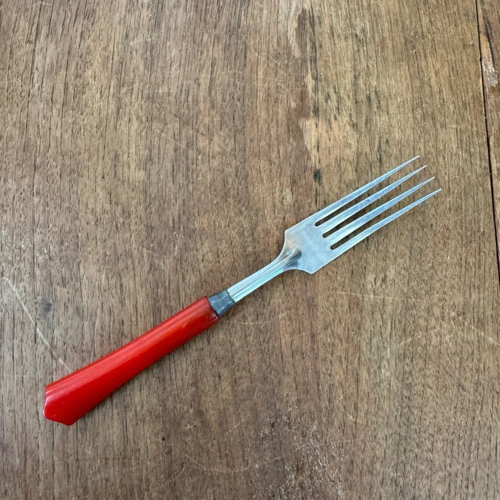 Vintage Sta-Brite Stainless Steel Fork Red‎ Bakelite Handle Made in USA